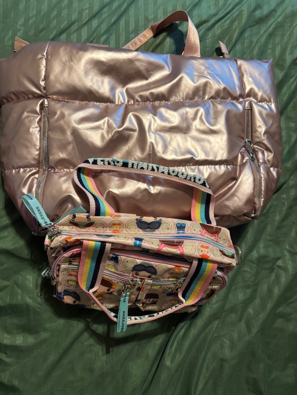 Light Pink Metallic Tote with Patterned Crossbody Bag - Two-Piece Set
